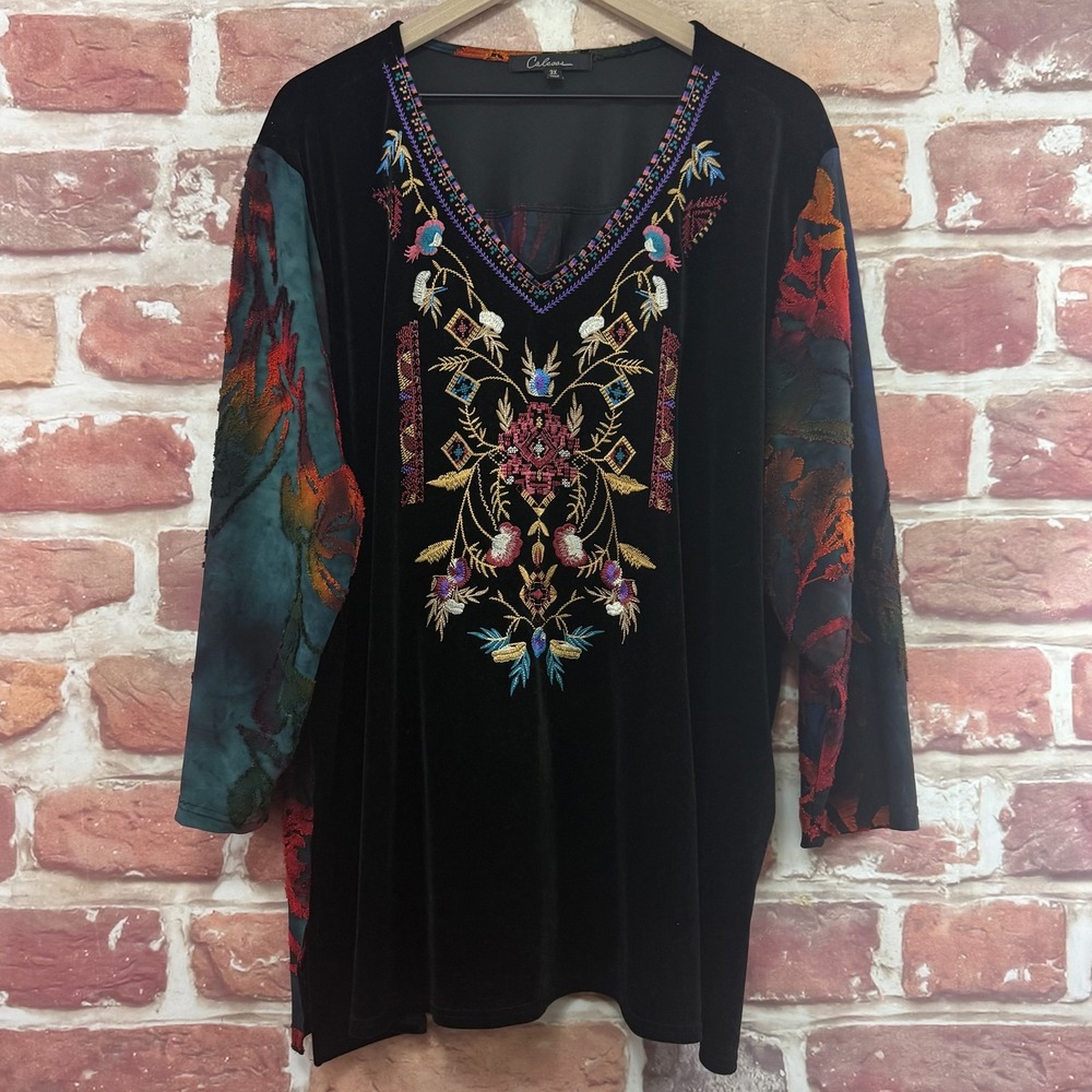 Calessa Top Womens 3X Boho Floral Embroidered Velvet Burnout Tunic Shirt